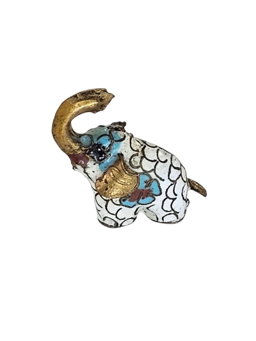 Tiny Miniature Cloisonne Elephant Figurine Gold Accents Floral White Blue Enamel